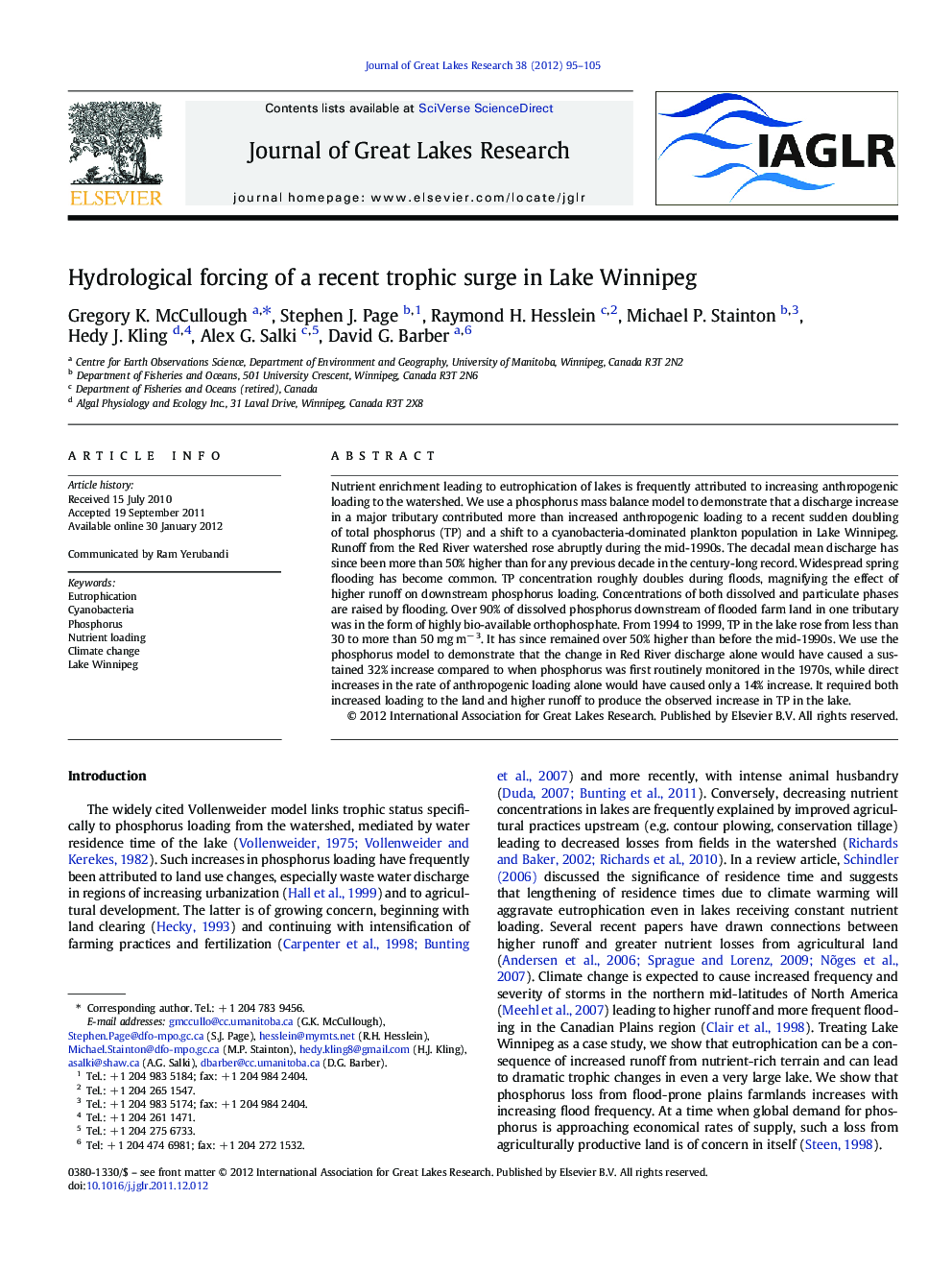 Hydrological forcing of a recent trophic surge in Lake Winnipeg