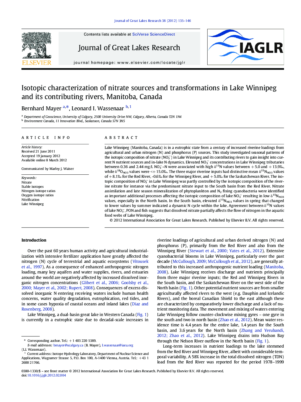 Isotopic characterization of nitrate sources and transformations in Lake Winnipeg and its contributing rivers, Manitoba, Canada