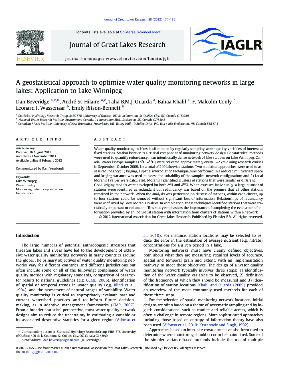 A geostatistical approach to optimize water quality monitoring networks in large lakes: Application to Lake Winnipeg