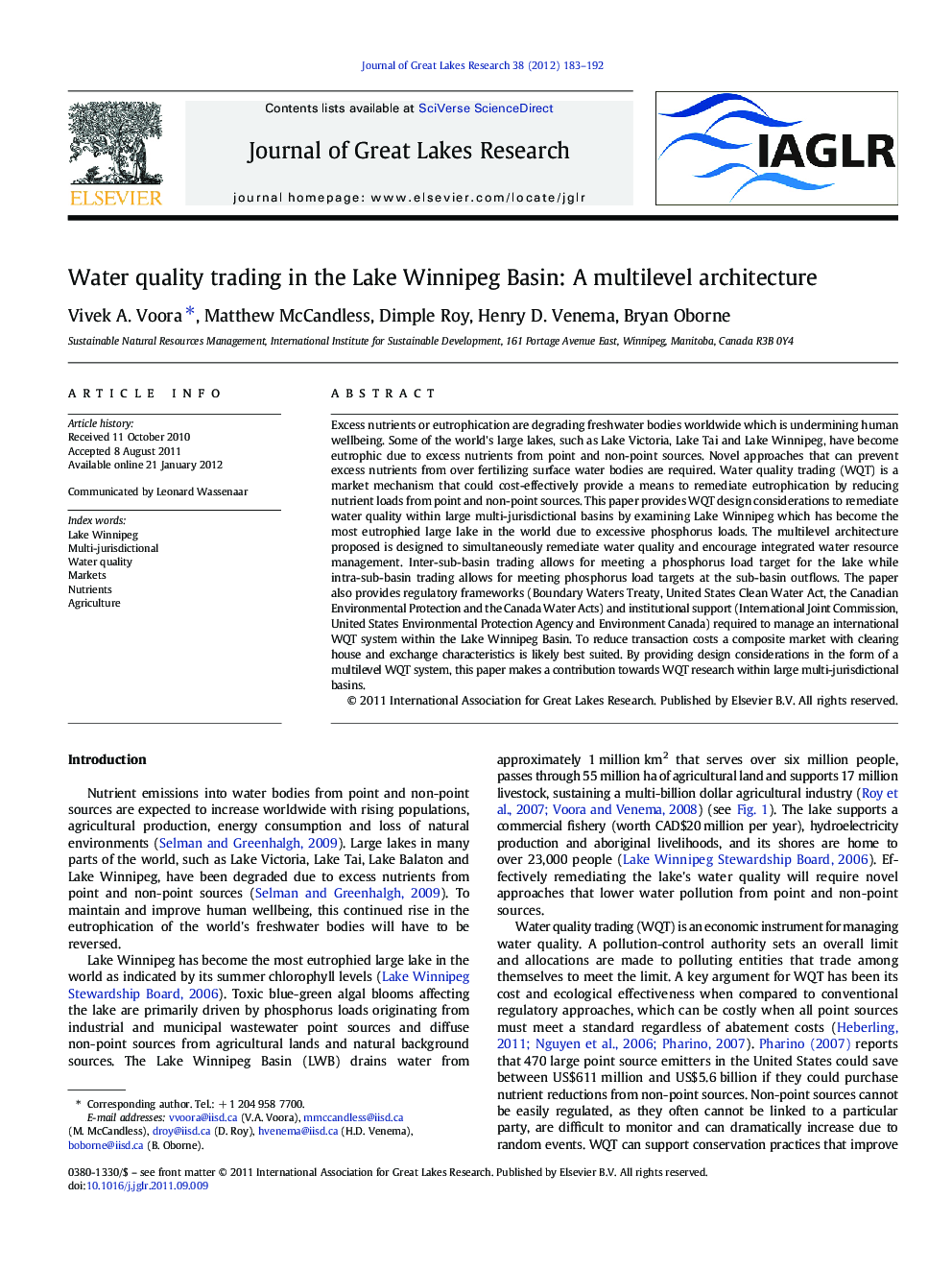 Water quality trading in the Lake Winnipeg Basin: A multilevel architecture