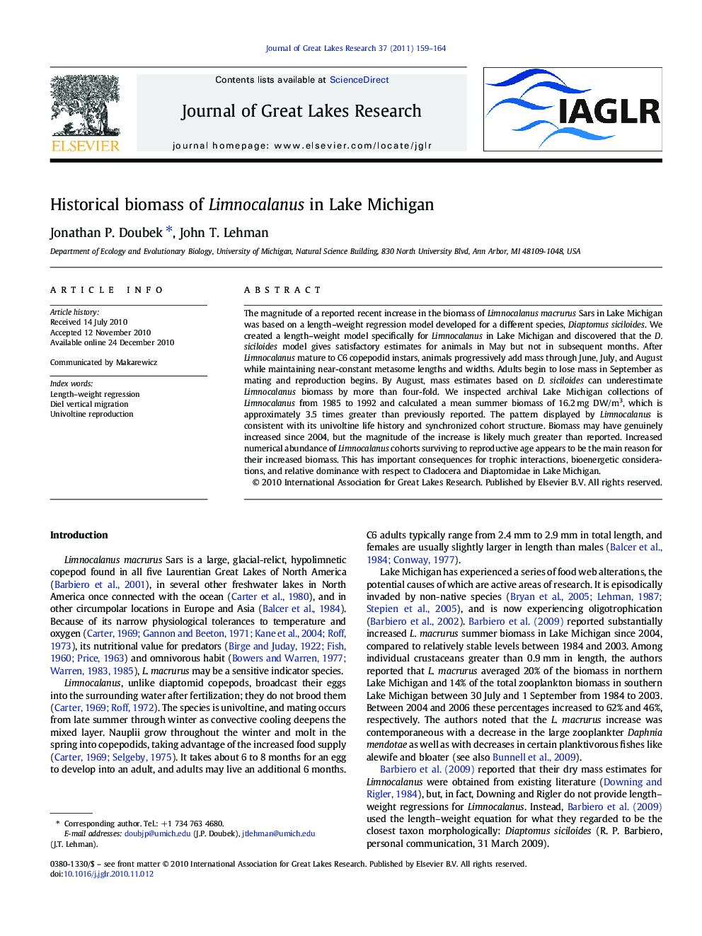 Historical biomass of Limnocalanus in Lake Michigan