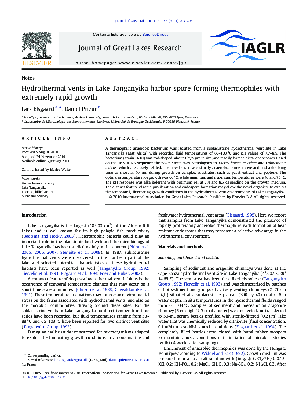 Hydrothermal vents in Lake Tanganyika harbor spore-forming thermophiles with extremely rapid growth