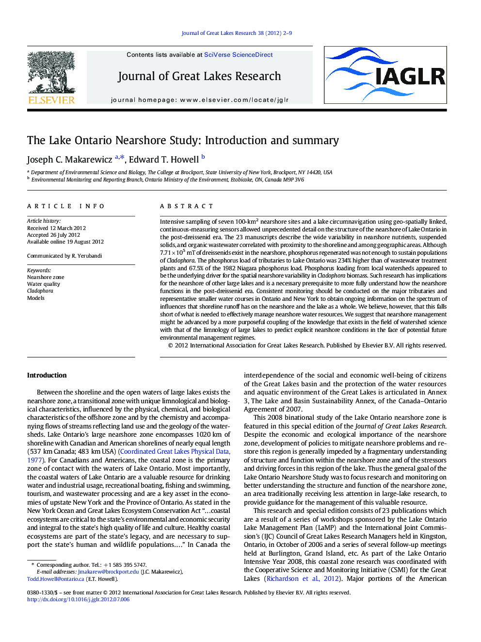 The Lake Ontario Nearshore Study: Introduction and summary