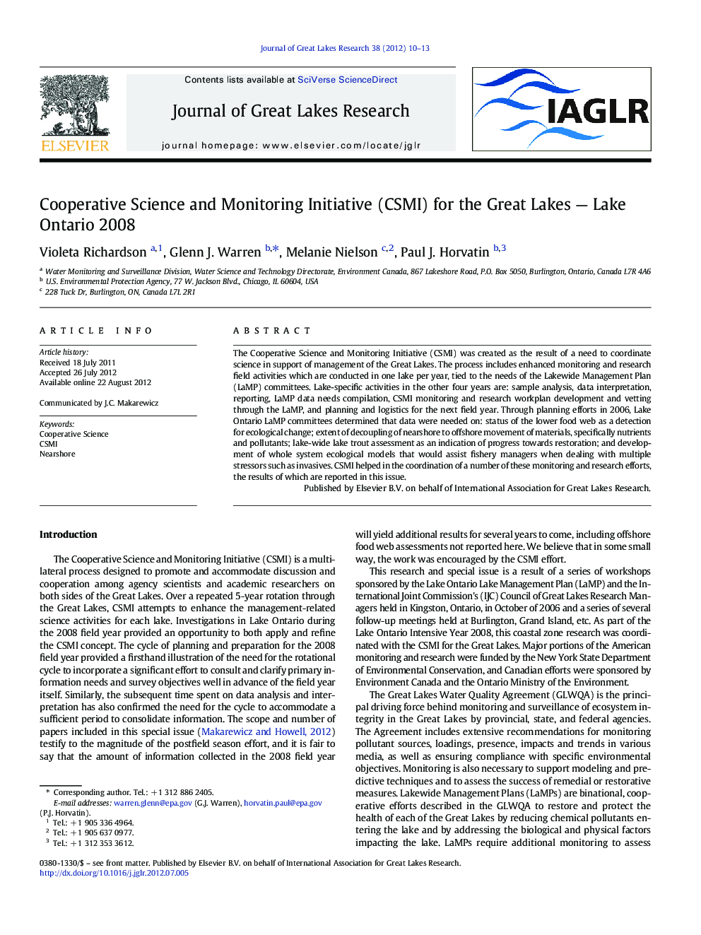 Cooperative Science and Monitoring Initiative (CSMI) for the Great Lakes - Lake Ontario 2008