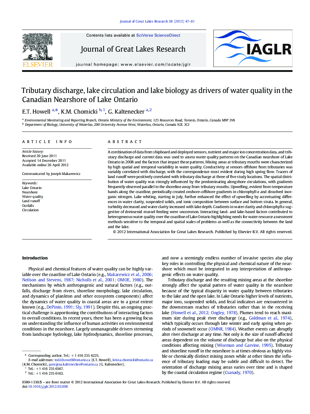 Tributary discharge, lake circulation and lake biology as drivers of water quality in the Canadian Nearshore of Lake Ontario