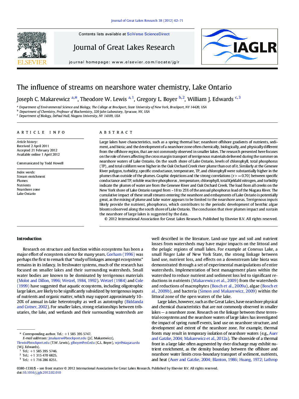 The influence of streams on nearshore water chemistry, Lake Ontario