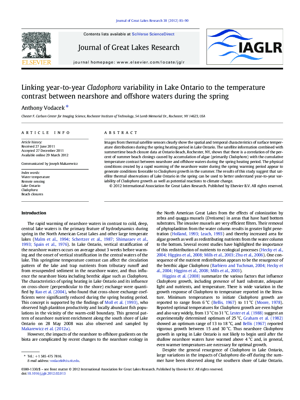 Linking year-to-year Cladophora variability in Lake Ontario to the temperature contrast between nearshore and offshore waters during the spring