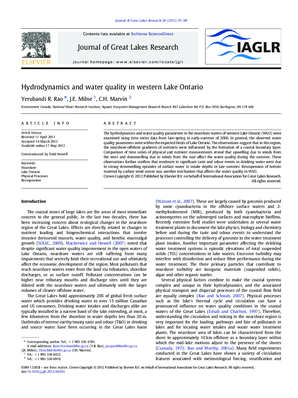 Hydrodynamics and water quality in western Lake Ontario