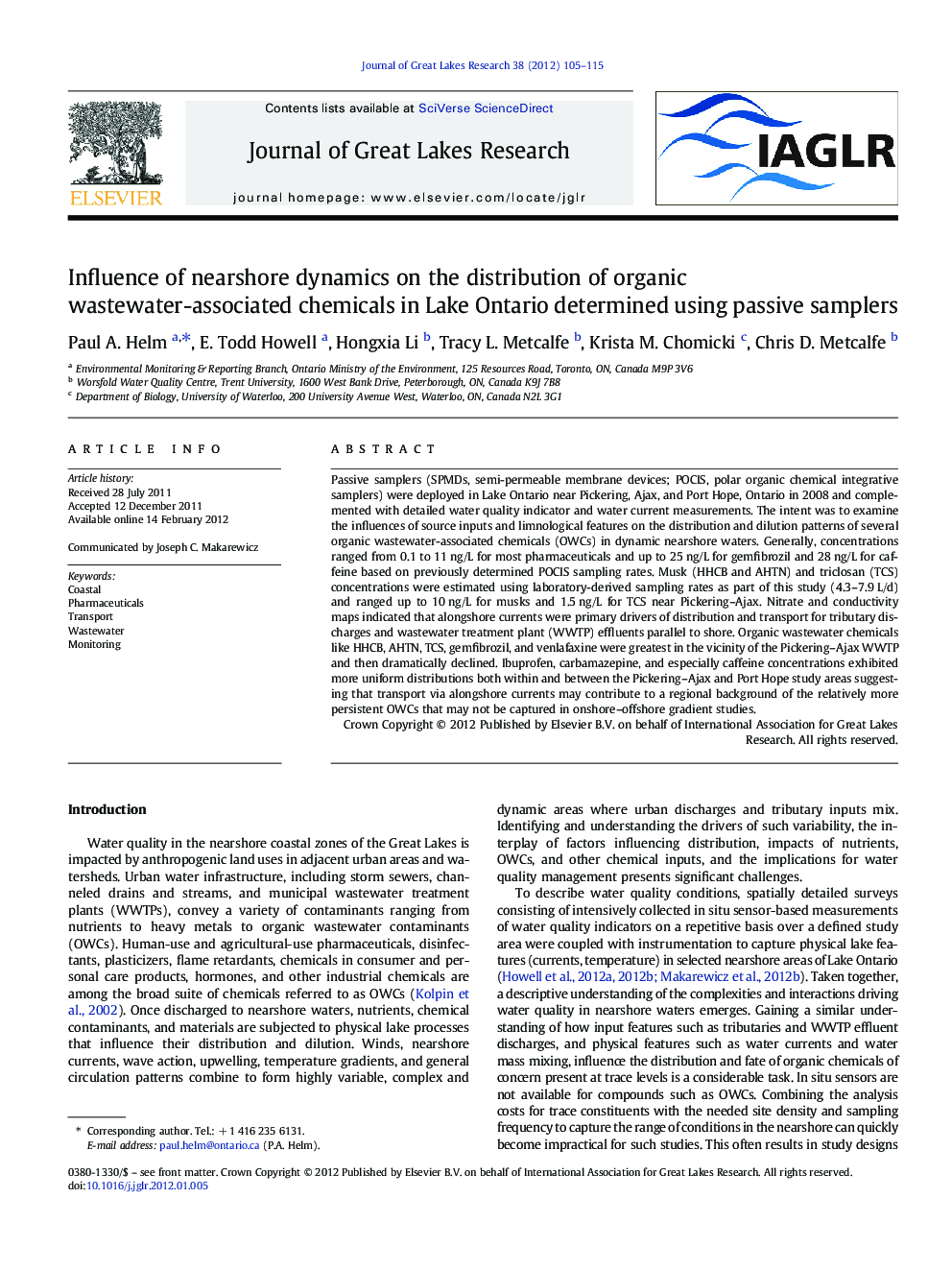 Influence of nearshore dynamics on the distribution of organic wastewater-associated chemicals in Lake Ontario determined using passive samplers