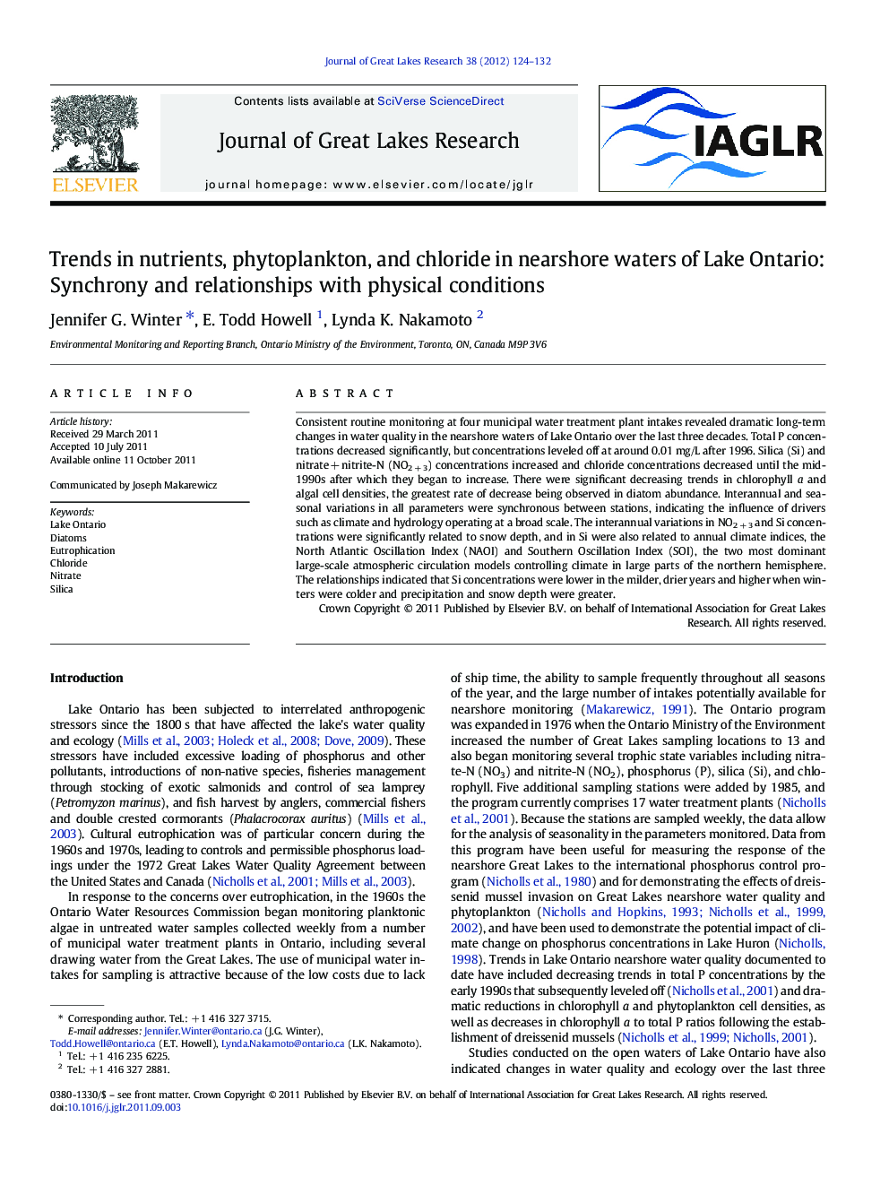 Trends in nutrients, phytoplankton, and chloride in nearshore waters of Lake Ontario: Synchrony and relationships with physical conditions