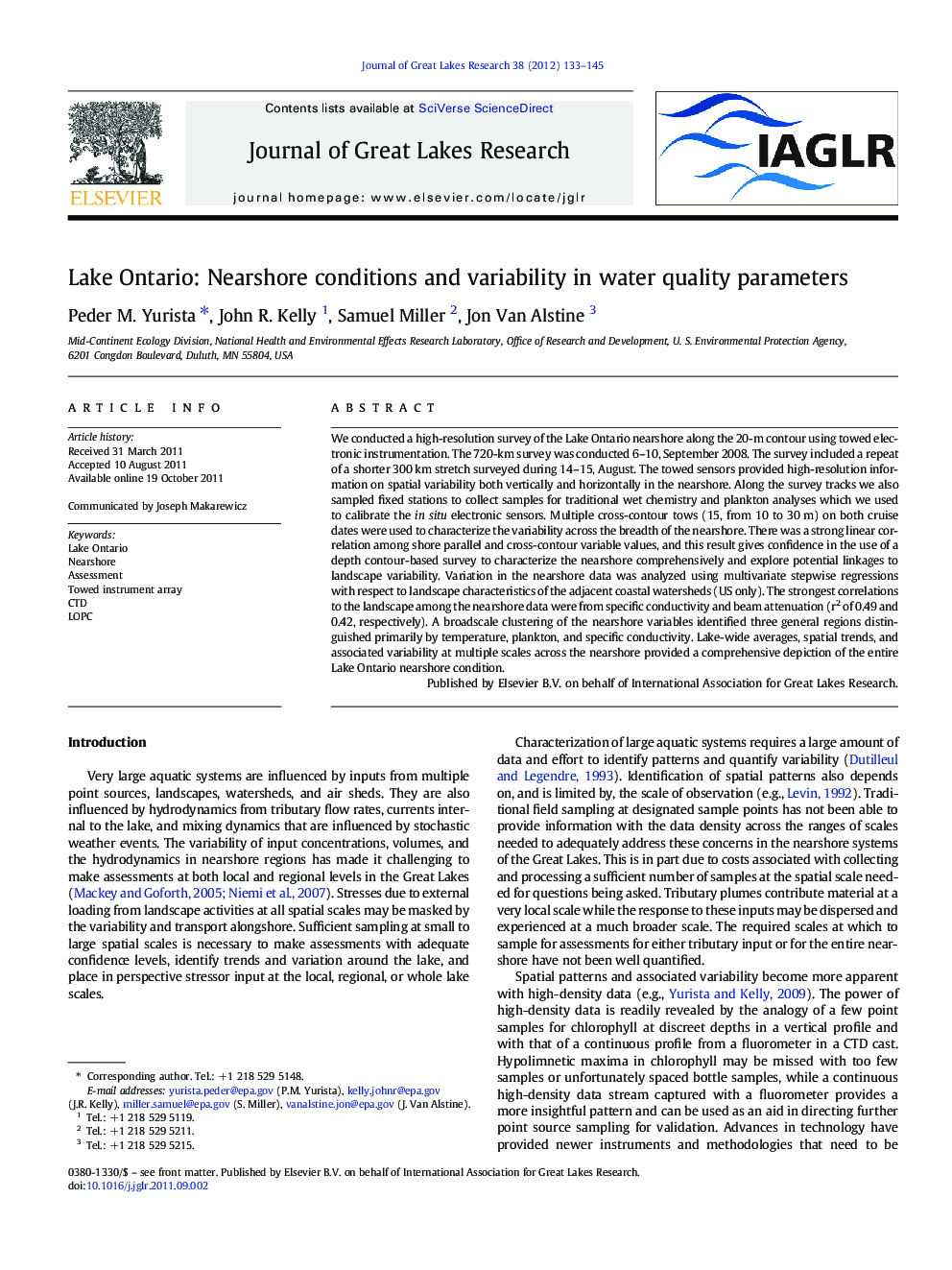 Lake Ontario: Nearshore conditions and variability in water quality parameters