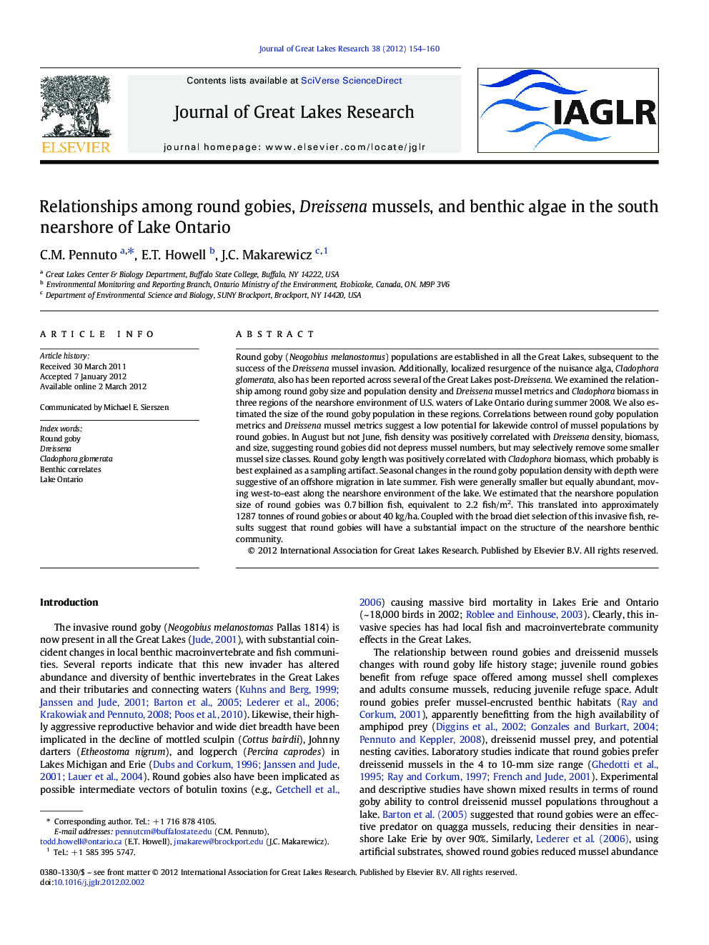 Relationships among round gobies, Dreissena mussels, and benthic algae in the south nearshore of Lake Ontario