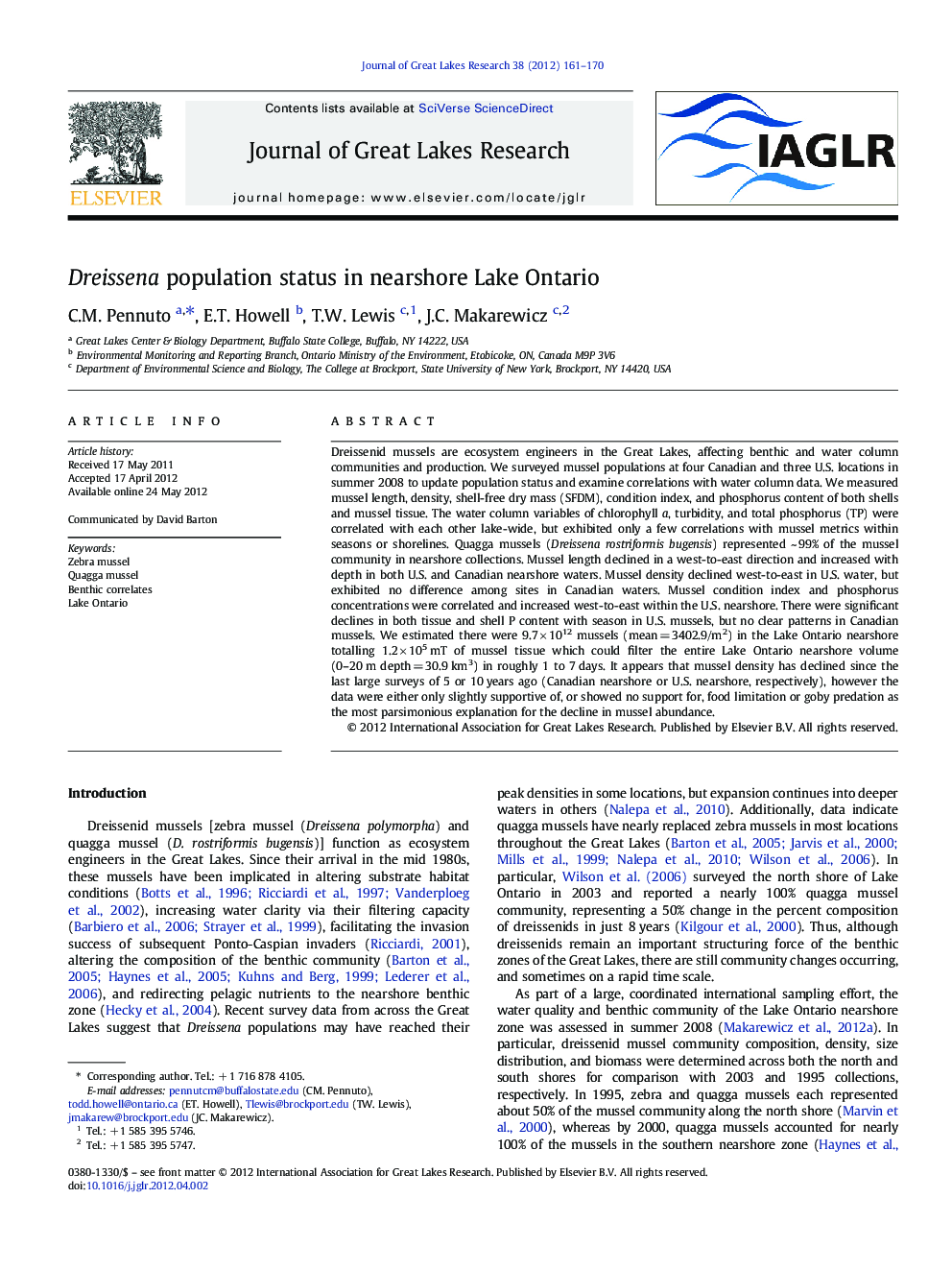 Dreissena population status in nearshore Lake Ontario