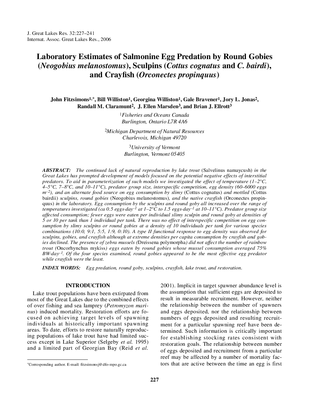 Laboratory Estimates of Salmonine Egg Predation by Round Gobies (Neogobius melanostomus), Sculpins (Cottus cognatus and C. bairdi), and Crayfish (Orconectes propinquus)