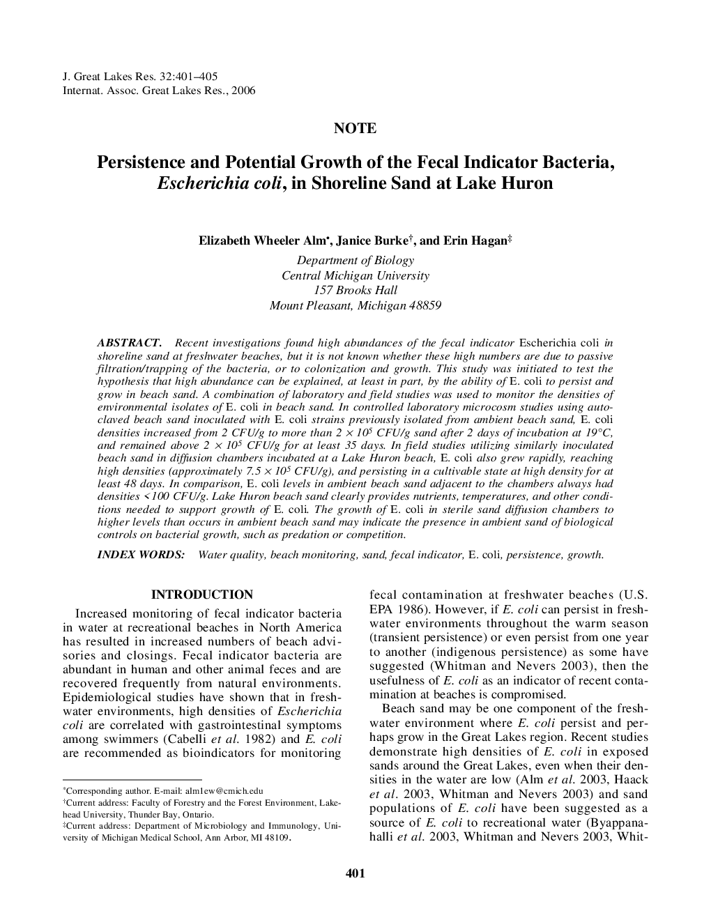 Persistence and Potential Growth of the Fecal Indicator Bacteria, Escherichia coli, in Shoreline Sand at Lake Huron