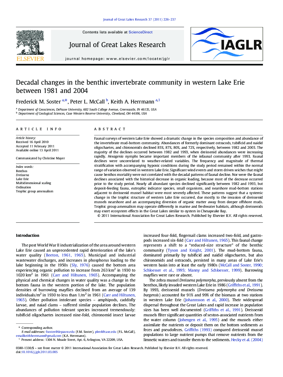 Decadal changes in the benthic invertebrate community in western Lake Erie between 1981 and 2004