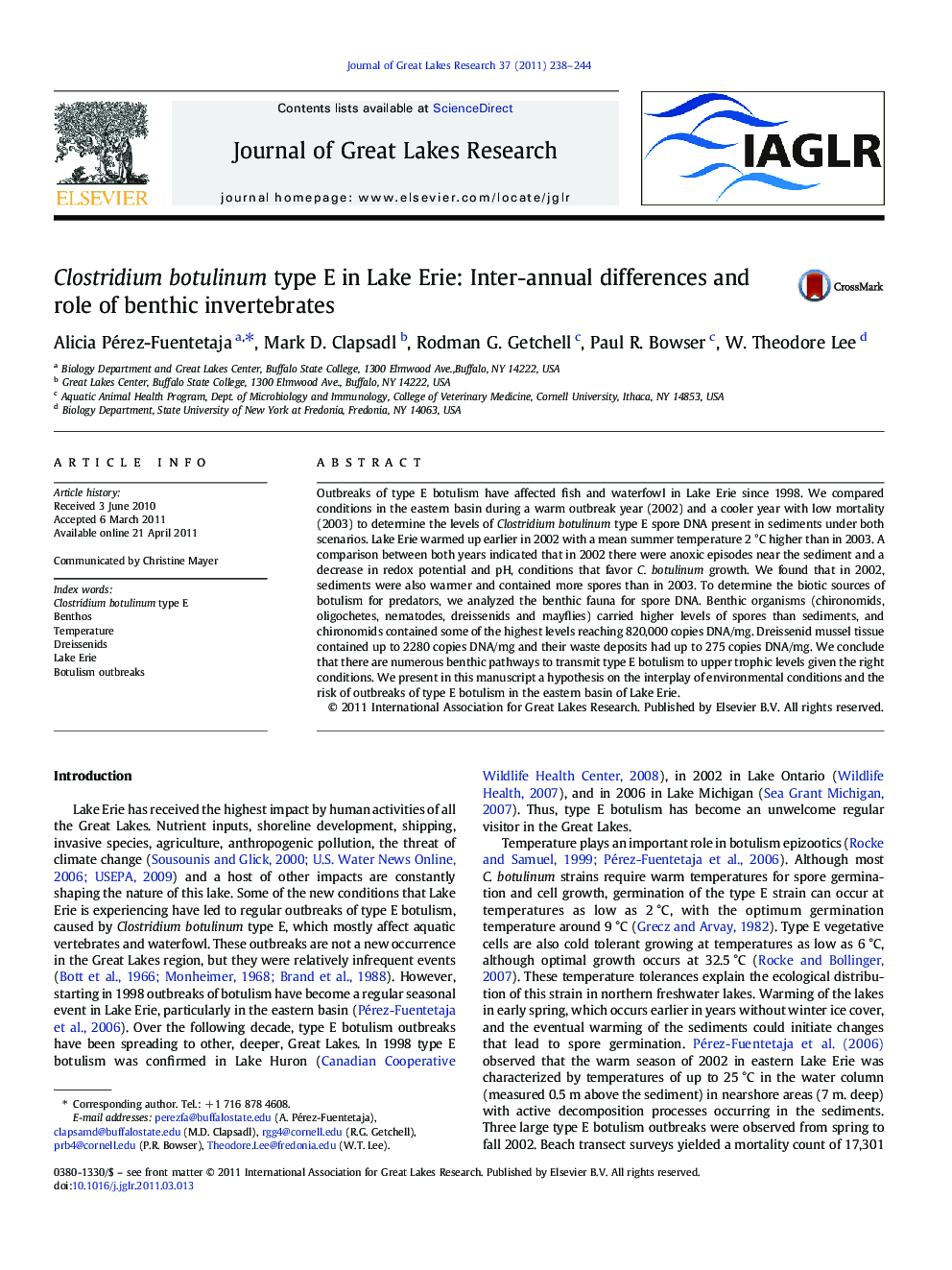 Clostridium botulinum type E in Lake Erie: Inter-annual differences and role of benthic invertebrates