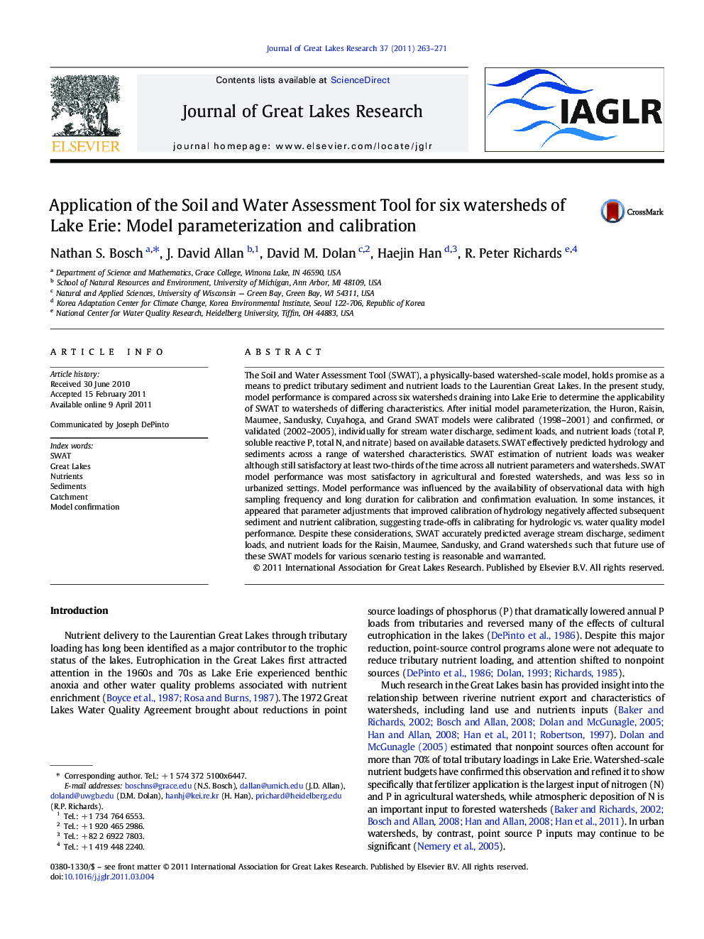 Application of the Soil and Water Assessment Tool for six watersheds of Lake Erie: Model parameterization and calibration