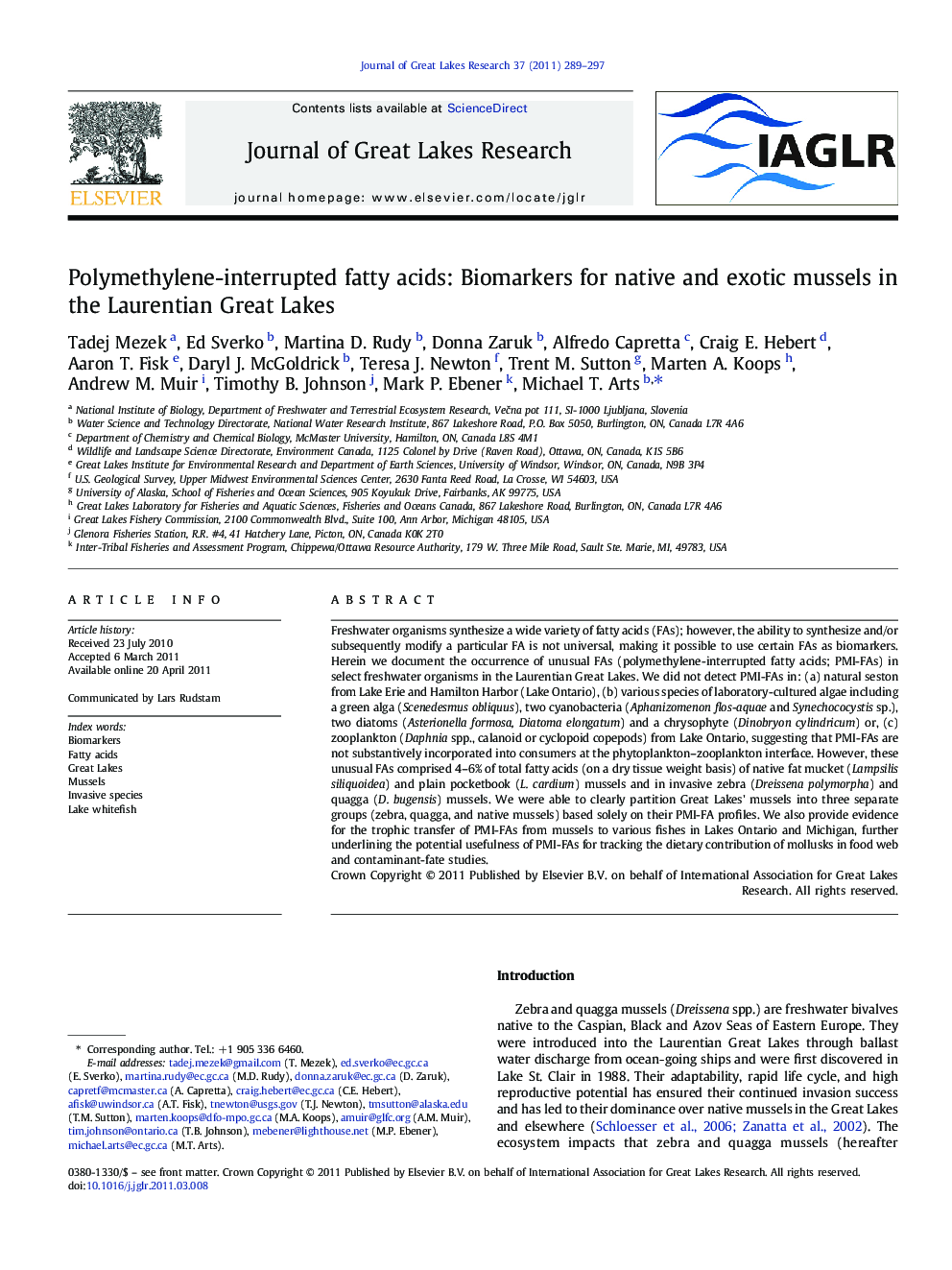 Polymethylene-interrupted fatty acids: Biomarkers for native and exotic mussels in the Laurentian Great Lakes