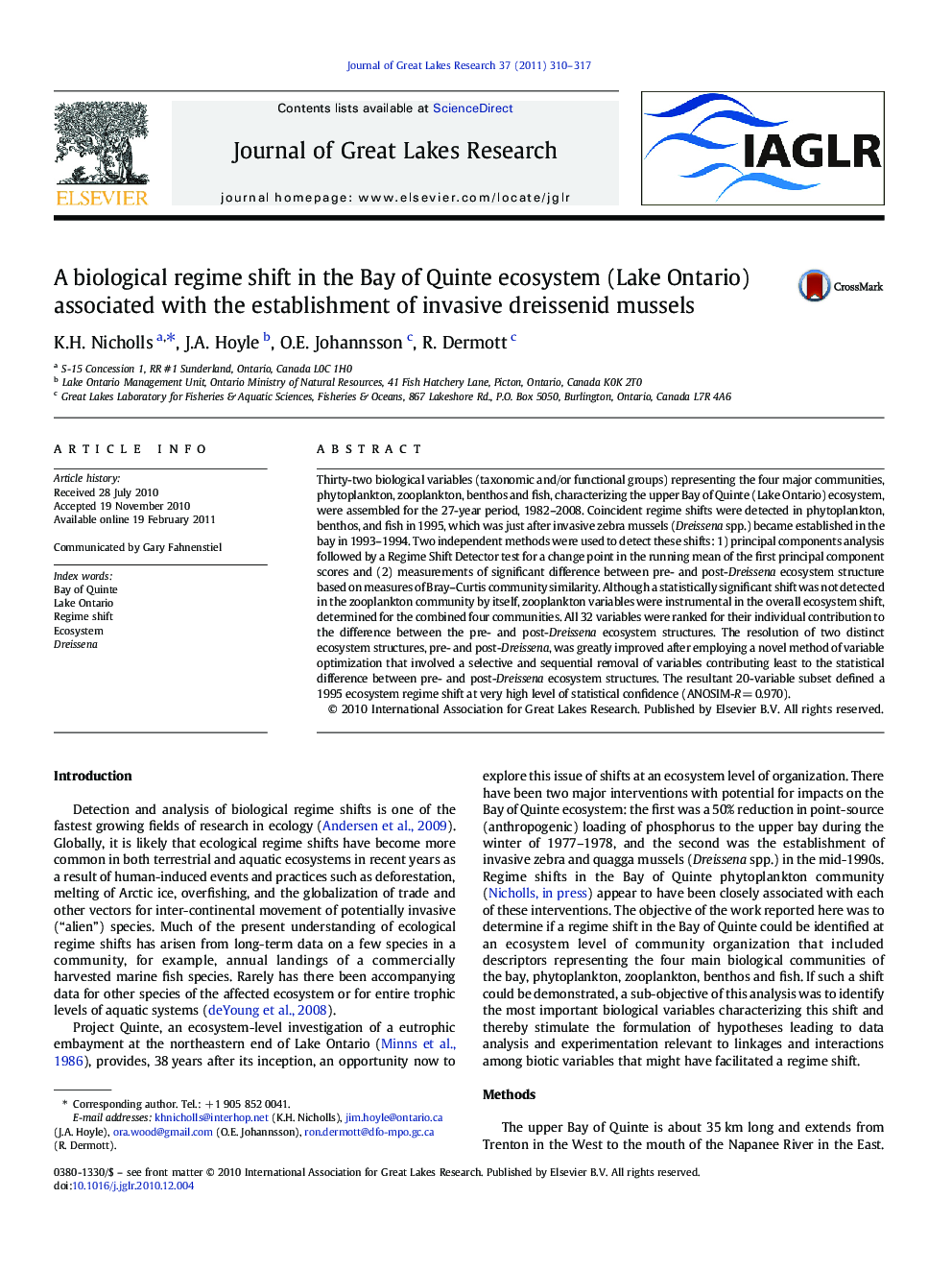 A biological regime shift in the Bay of Quinte ecosystem (Lake Ontario) associated with the establishment of invasive dreissenid mussels