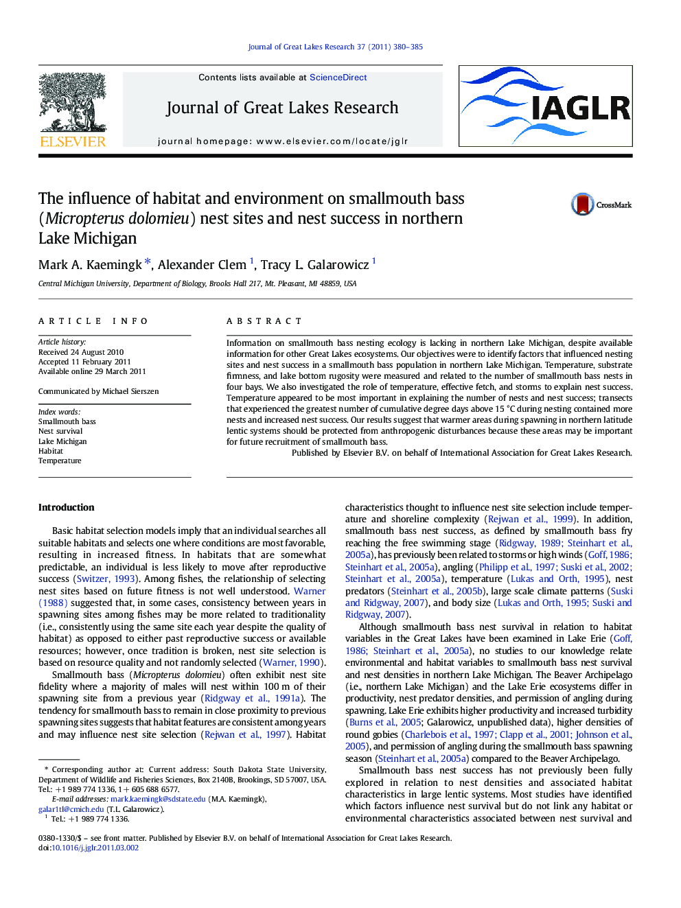 The influence of habitat and environment on smallmouth bass (Micropterus dolomieu) nest sites and nest success in northern Lake Michigan