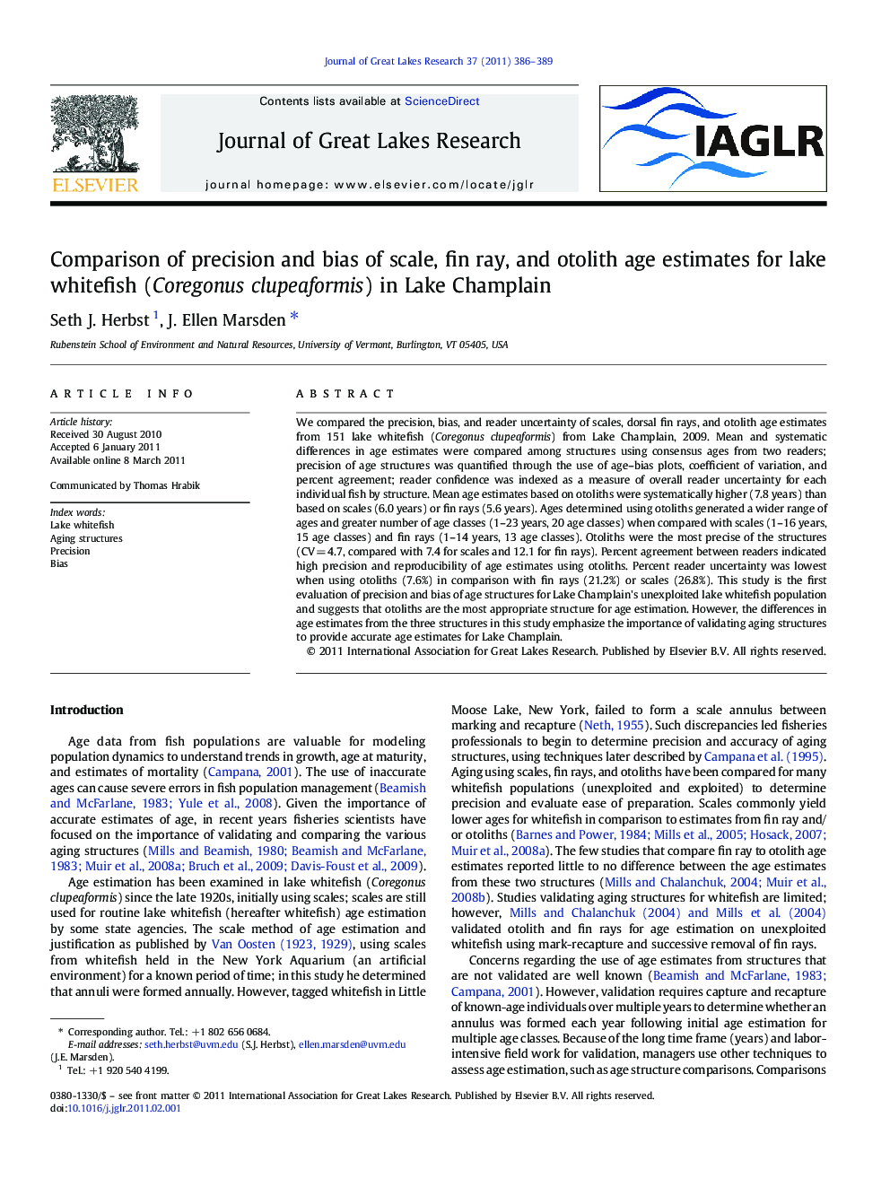 Comparison of precision and bias of scale, fin ray, and otolith age estimates for lake whitefish (Coregonus clupeaformis) in Lake Champlain