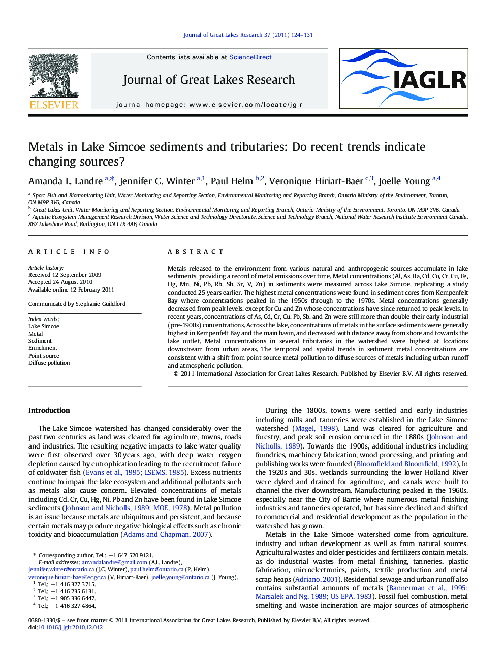 Metals in Lake Simcoe sediments and tributaries: Do recent trends indicate changing sources?