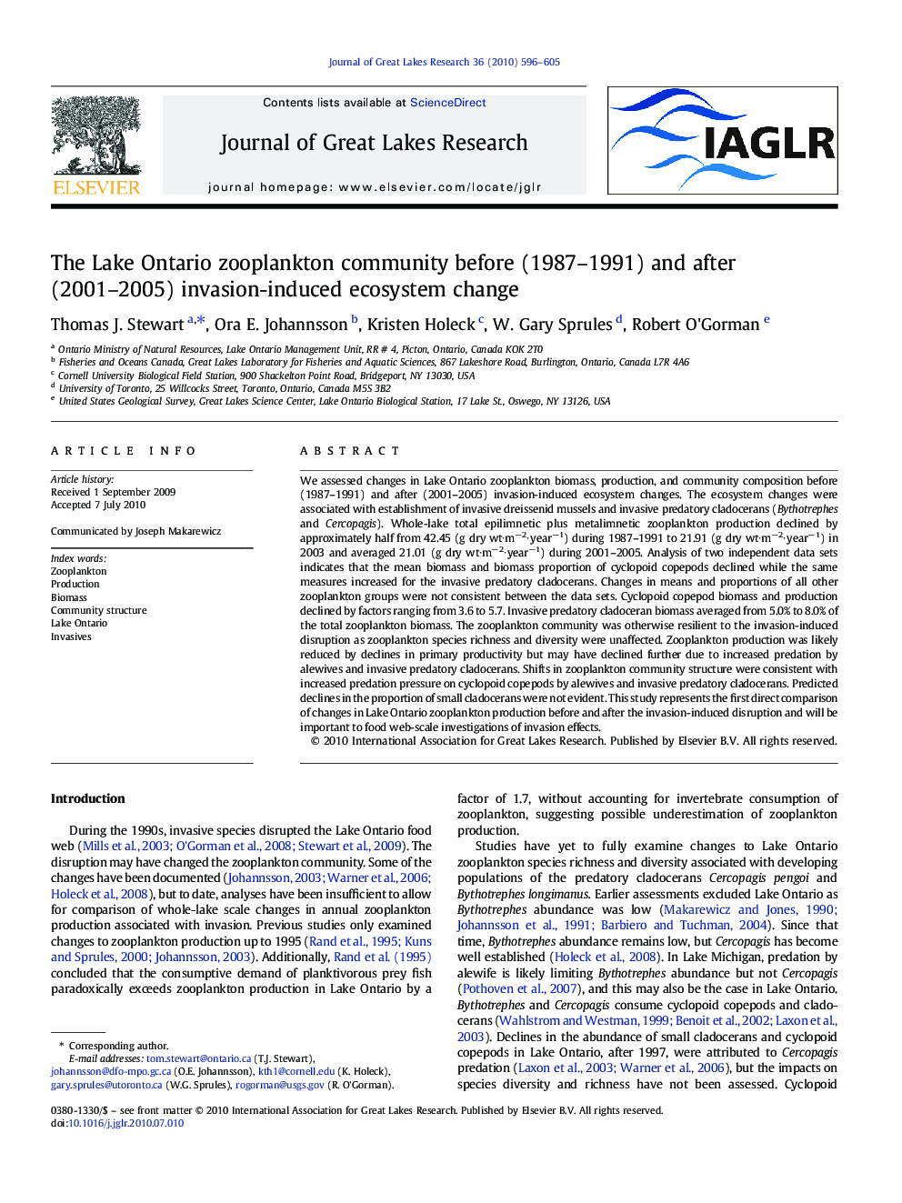 The Lake Ontario zooplankton community before (1987–1991) and after (2001–2005) invasion-induced ecosystem change