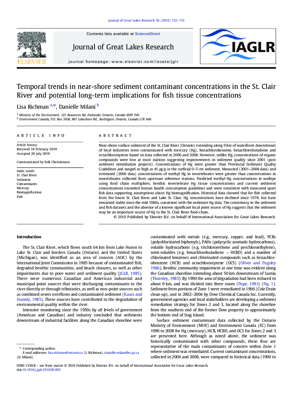 Temporal trends in near-shore sediment contaminant concentrations in the St. Clair River and potential long-term implications for fish tissue concentrations