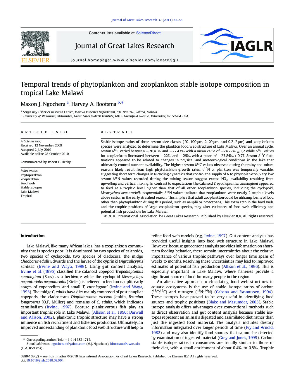 Temporal trends of phytoplankton and zooplankton stable isotope composition in tropical Lake Malawi