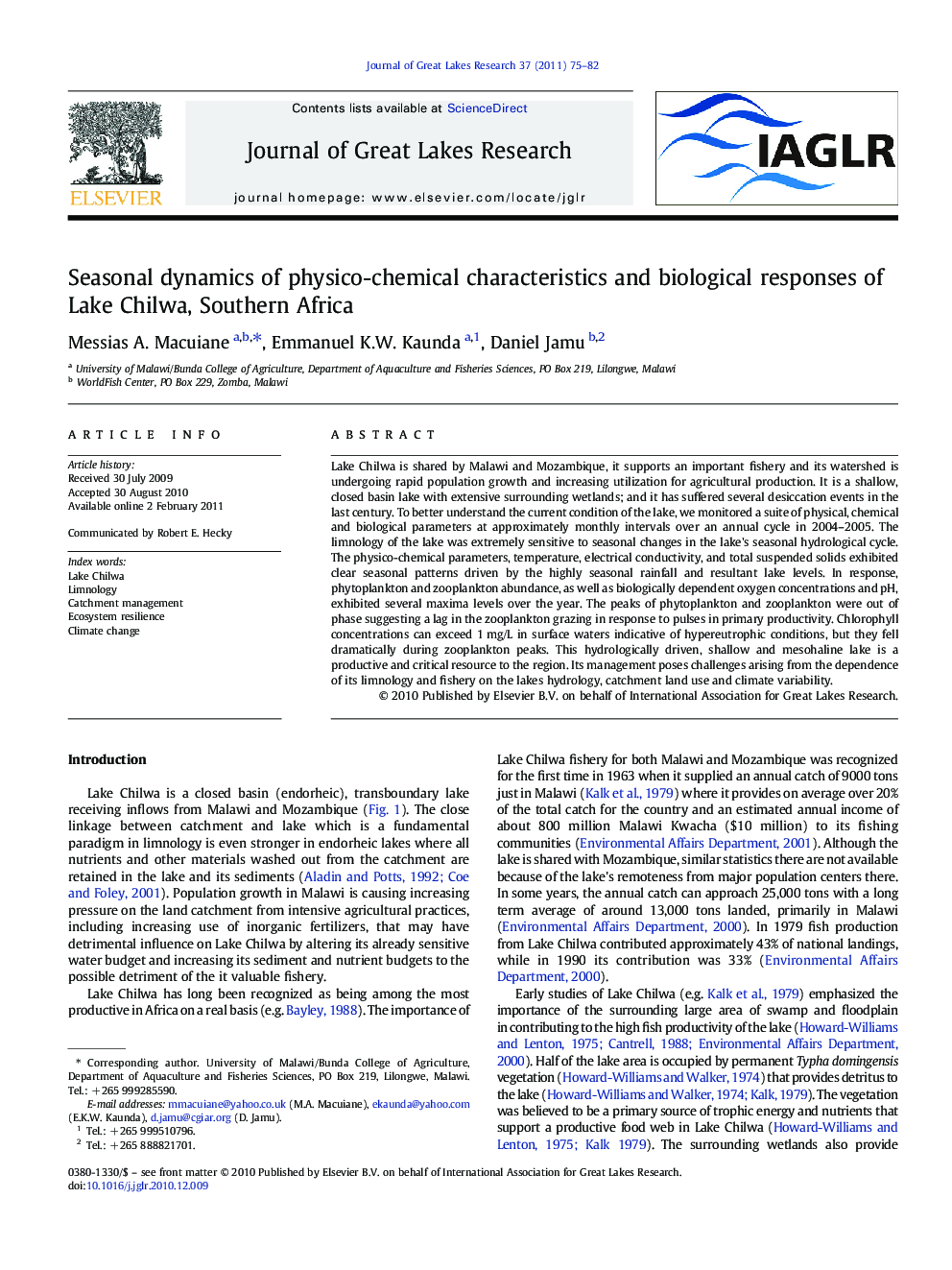 Seasonal dynamics of physico-chemical characteristics and biological responses of Lake Chilwa, Southern Africa