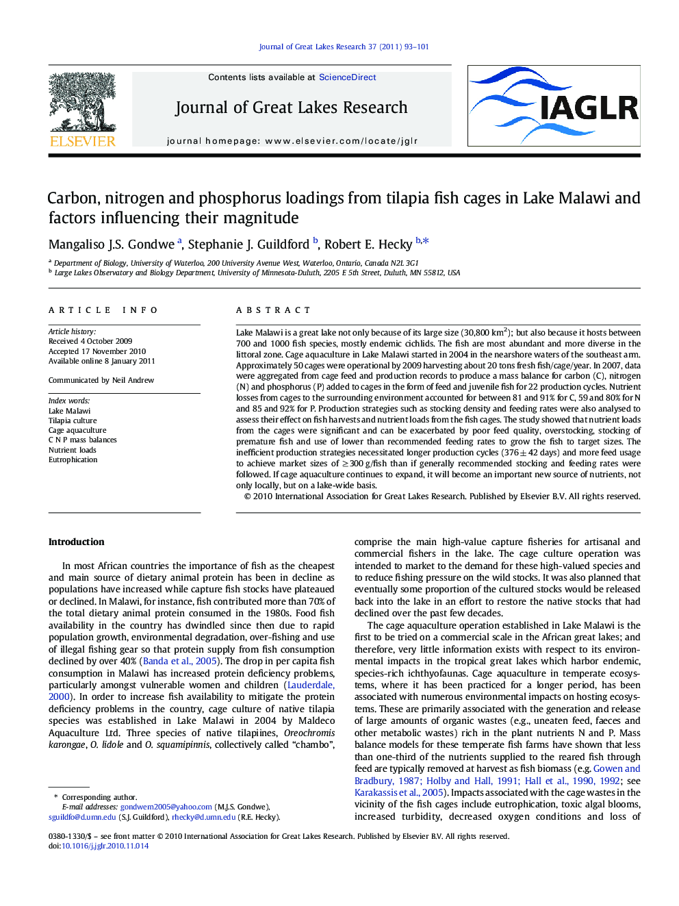 Carbon, nitrogen and phosphorus loadings from tilapia fish cages in Lake Malawi and factors influencing their magnitude