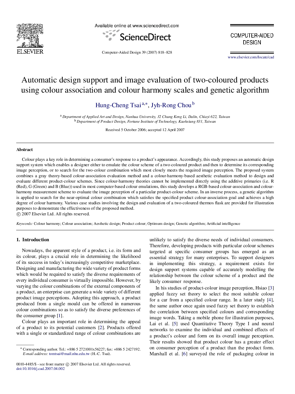 Automatic design support and image evaluation of two-coloured products using colour association and colour harmony scales and genetic algorithm