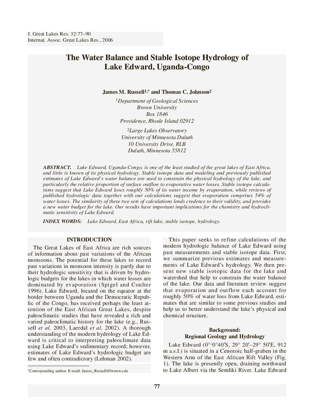 The Water Balance and Stable Isotope Hydrology of Lake Edward, Uganda-Congo