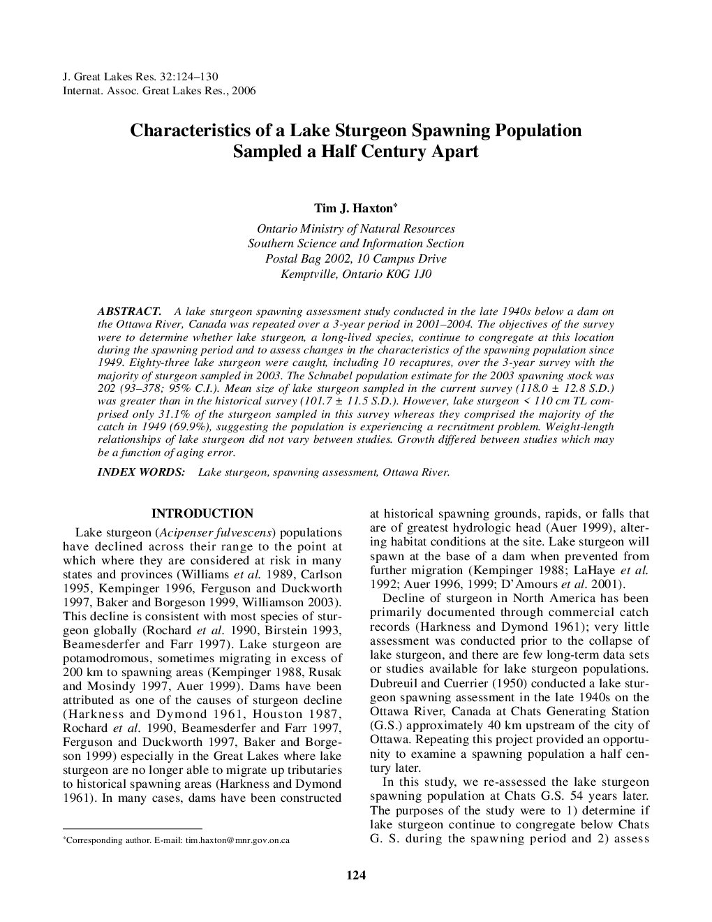 Characteristics of a Lake Sturgeon Spawning Population Sampled a Half Century Apart