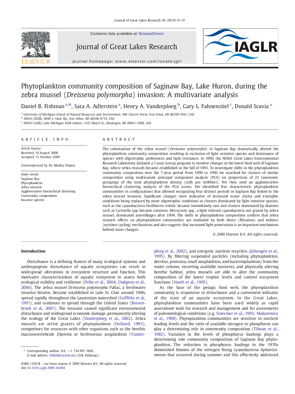 Phytoplankton community composition of Saginaw Bay, Lake Huron, during the zebra mussel (Dreissena polymorpha) invasion: A multivariate analysis