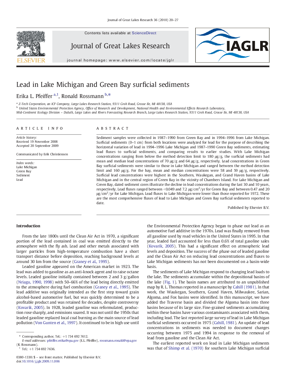 Lead in Lake Michigan and Green Bay surficial sediments