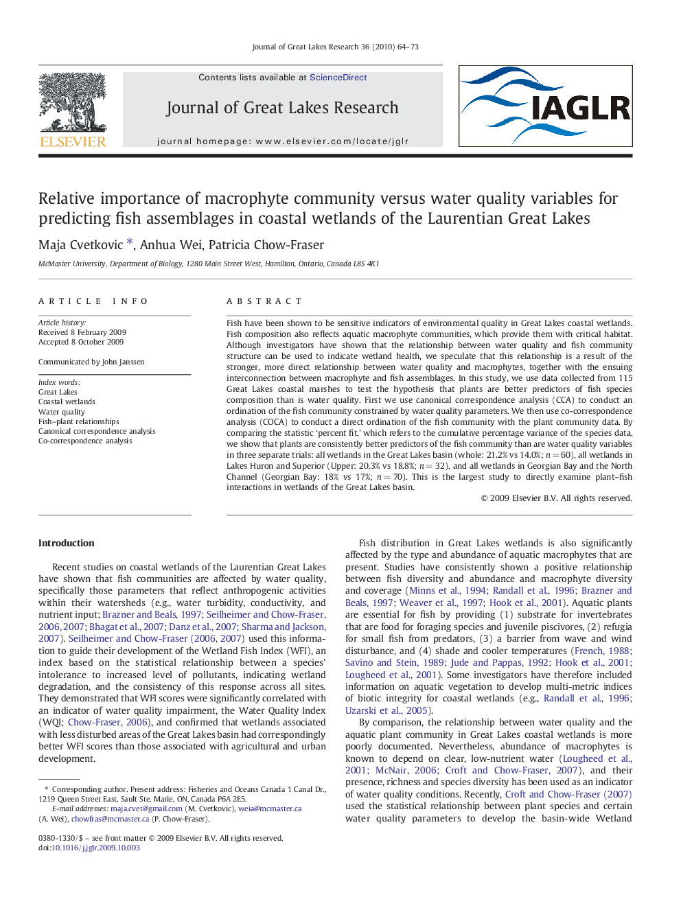 Relative importance of macrophyte community versus water quality variables for predicting fish assemblages in coastal wetlands of the Laurentian Great Lakes