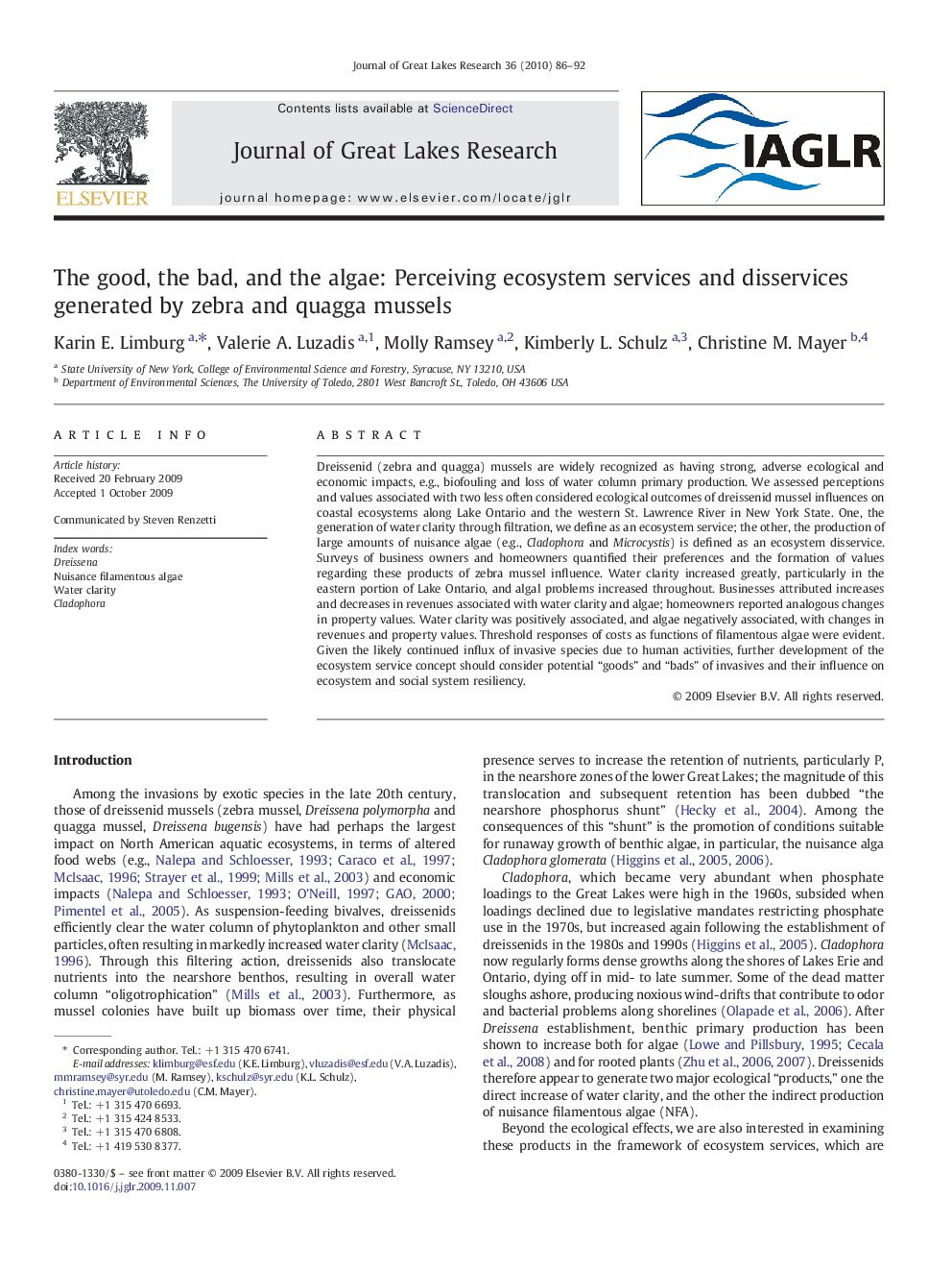 The good, the bad, and the algae: Perceiving ecosystem services and disservices generated by zebra and quagga mussels