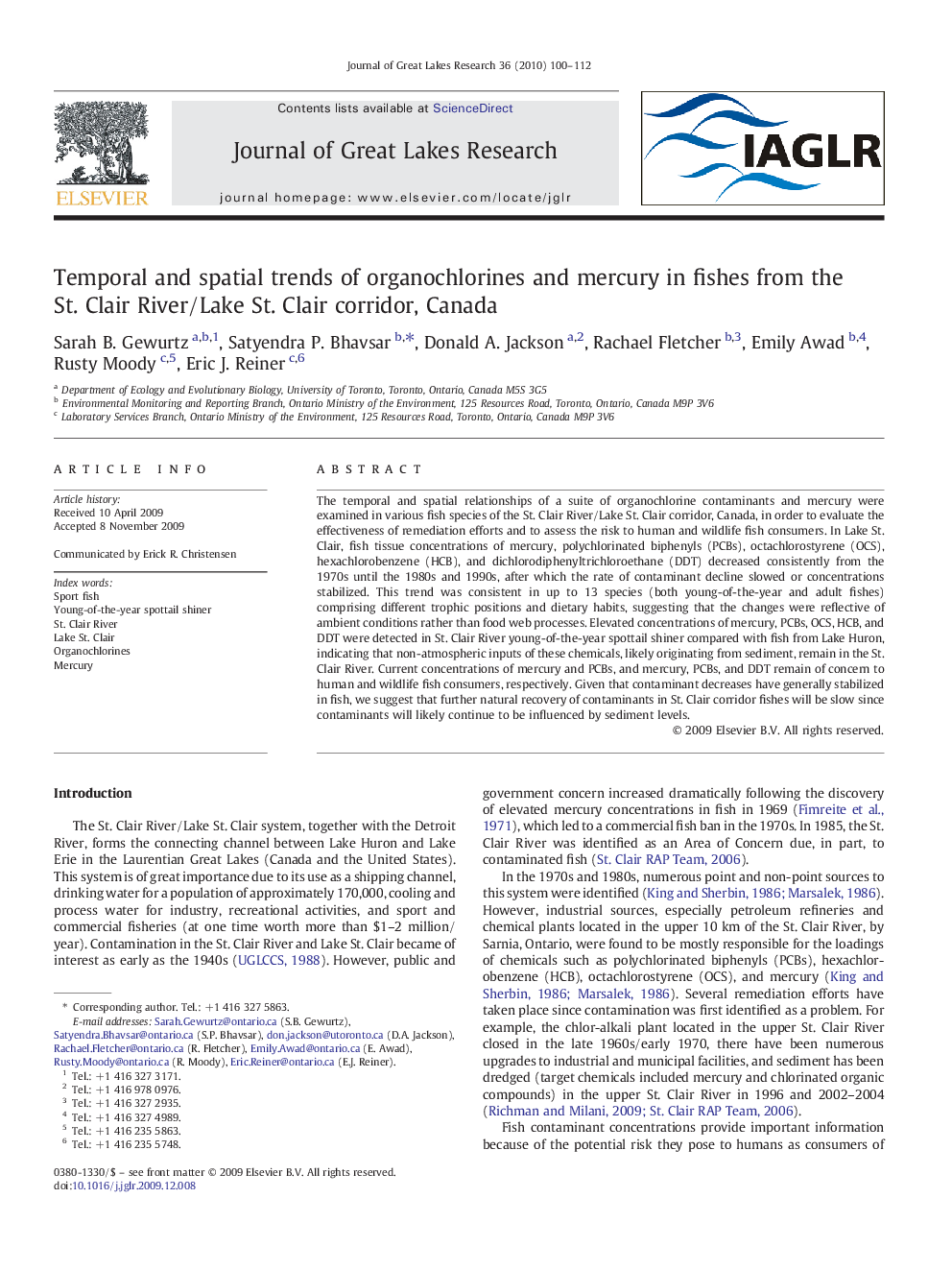 Temporal and spatial trends of organochlorines and mercury in fishes from the St. Clair River/Lake St. Clair corridor, Canada