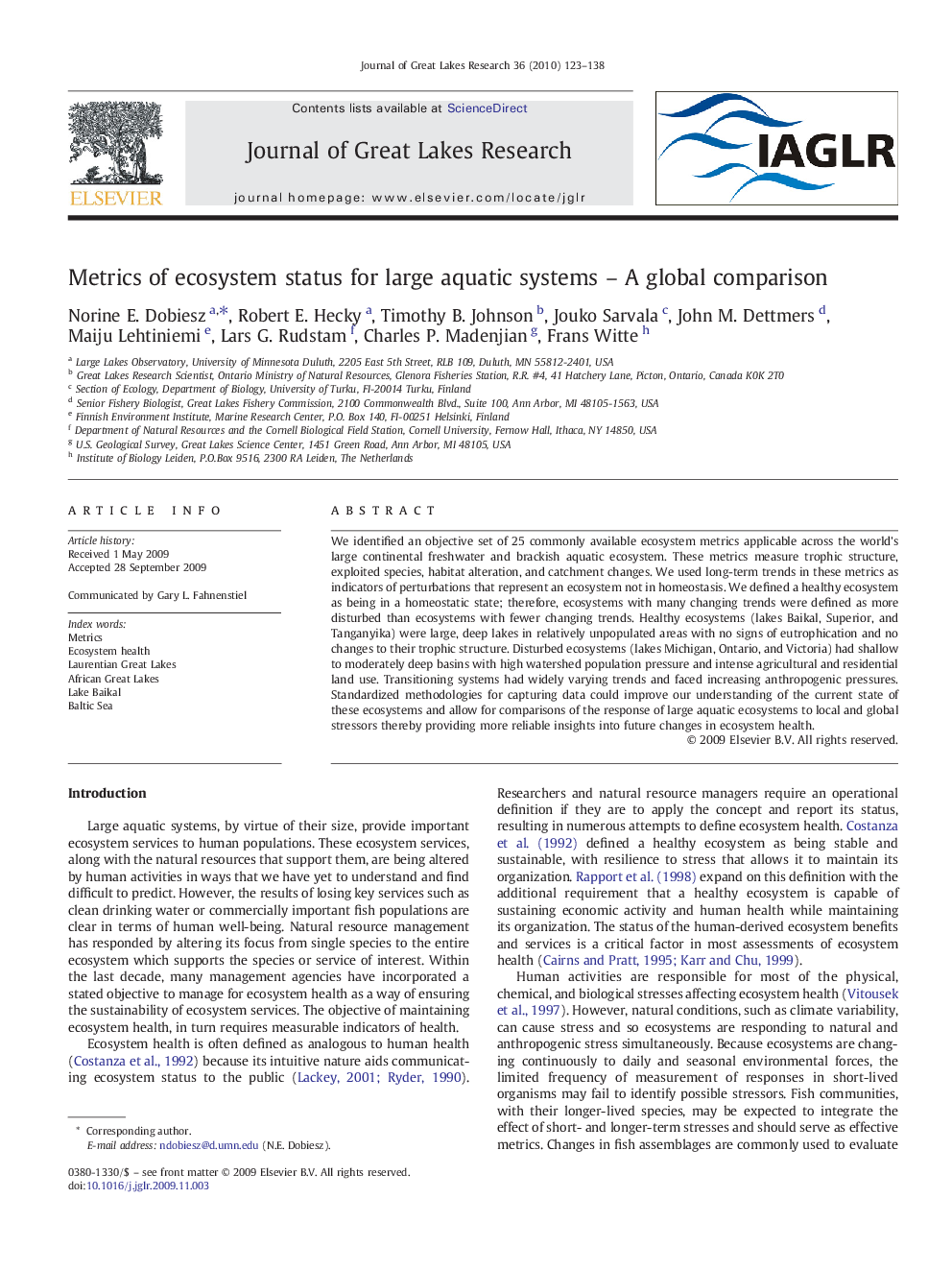 Metrics of ecosystem status for large aquatic systems – A global comparison