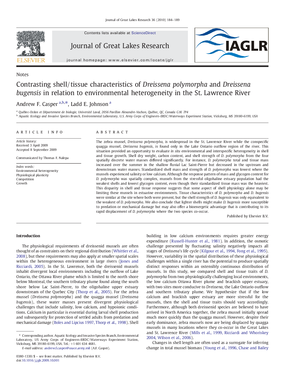 Contrasting shell/tissue characteristics of Dreissena polymorpha and Dreissena bugensis in relation to environmental heterogeneity in the St. Lawrence River