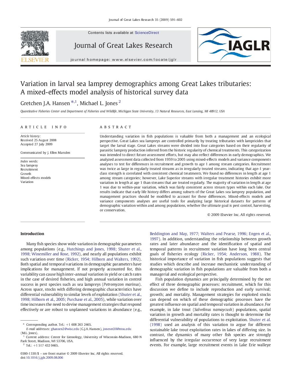 Variation in larval sea lamprey demographics among Great Lakes tributaries: A mixed-effects model analysis of historical survey data