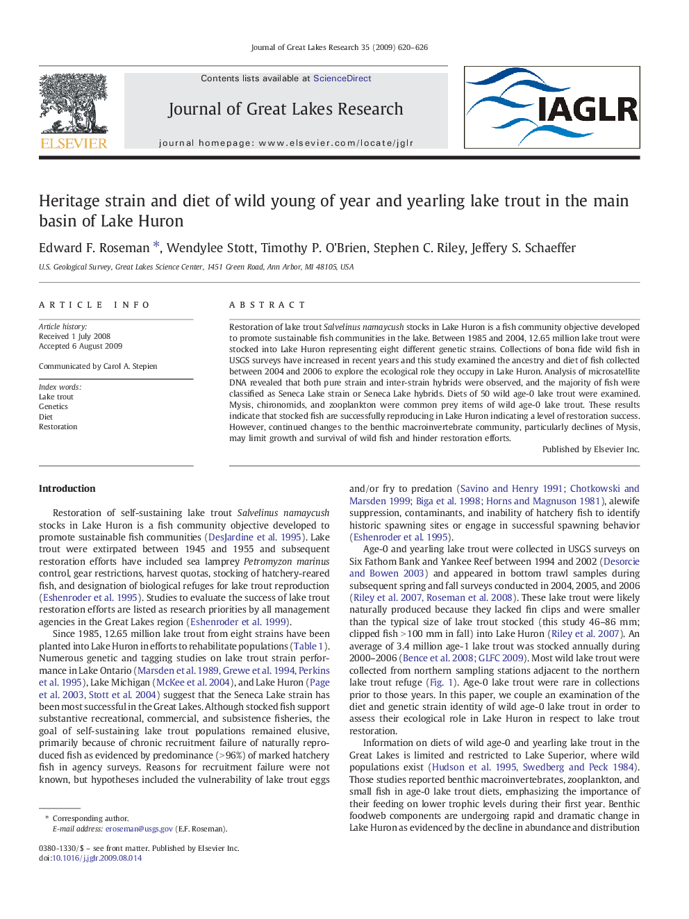 Heritage strain and diet of wild young of year and yearling lake trout in the main basin of Lake Huron