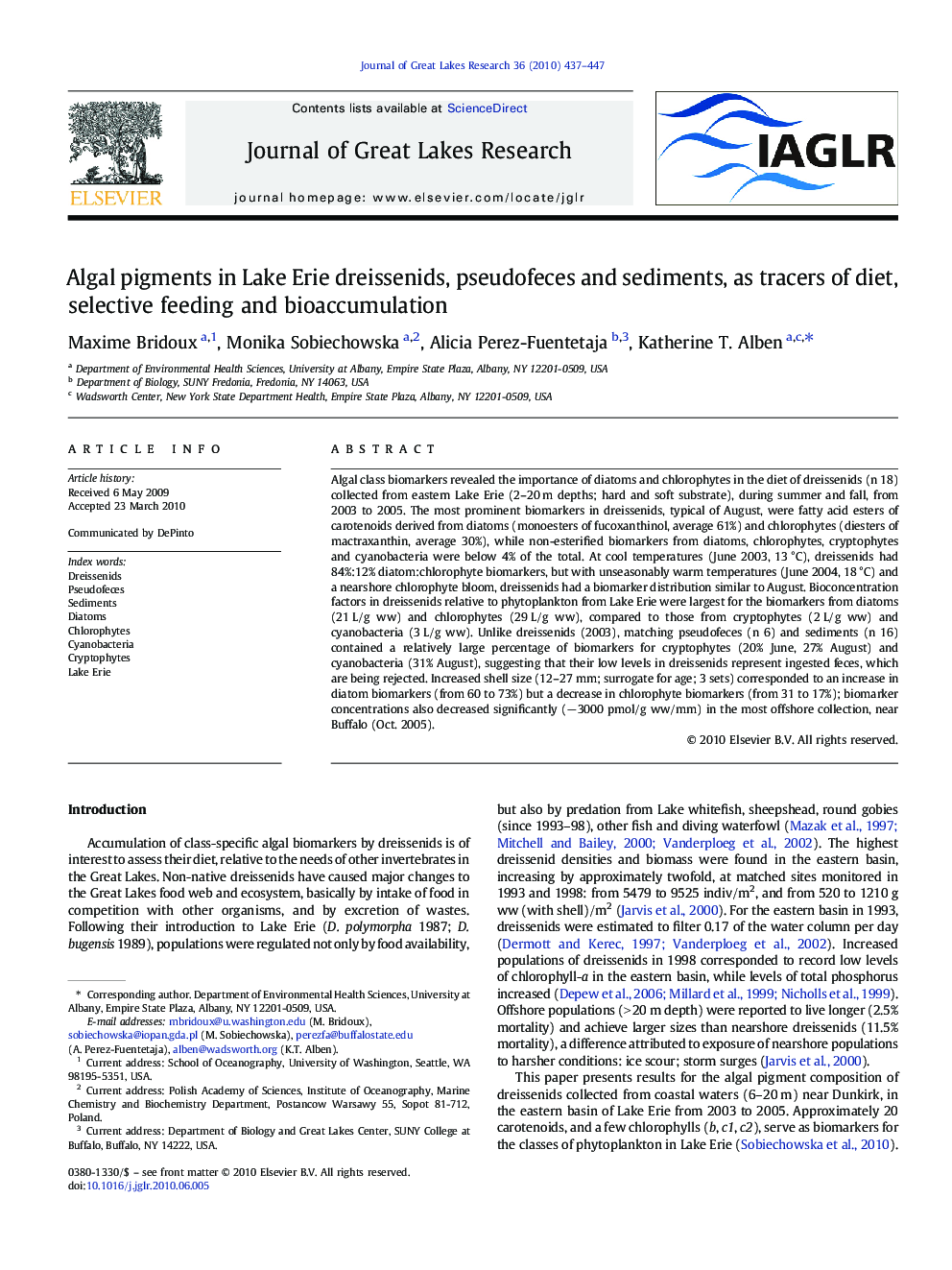 Algal pigments in Lake Erie dreissenids, pseudofeces and sediments, as tracers of diet, selective feeding and bioaccumulation