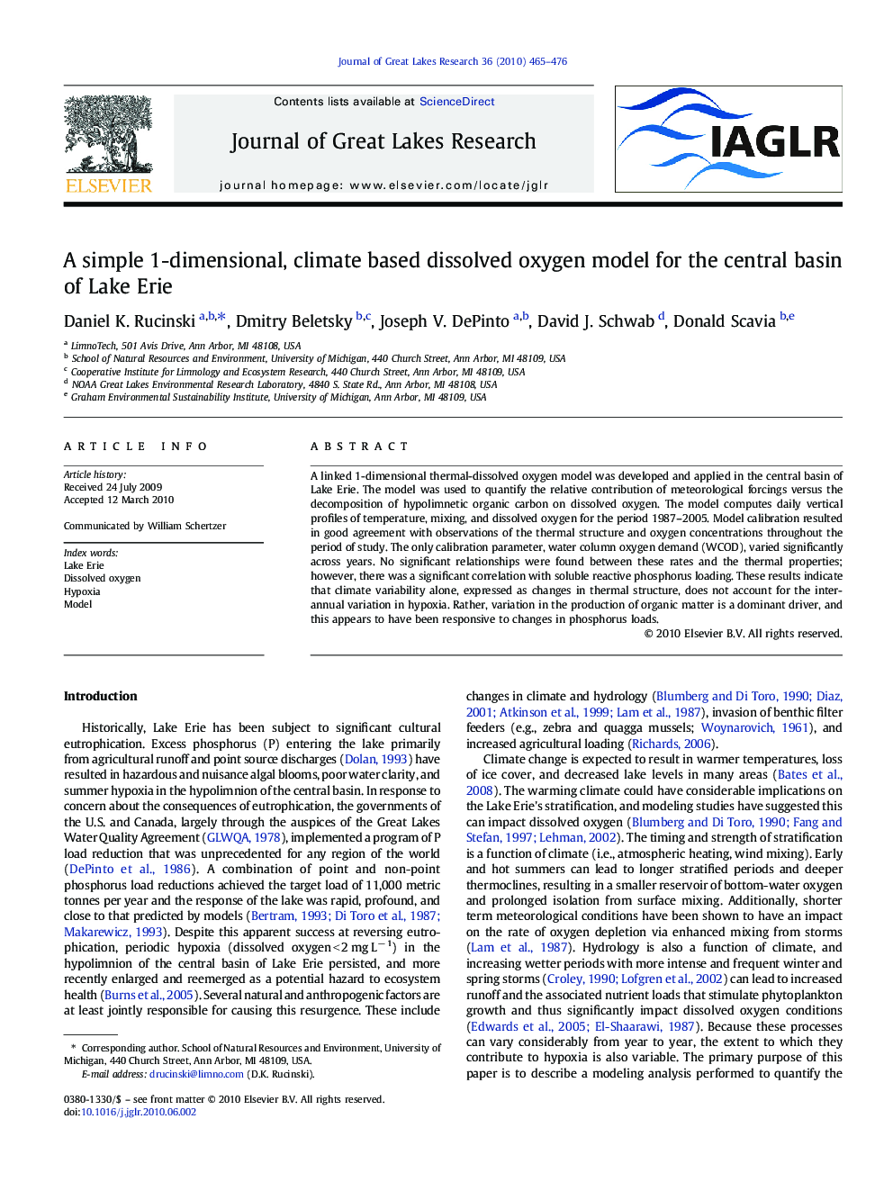 A simple 1-dimensional, climate based dissolved oxygen model for the central basin of Lake Erie