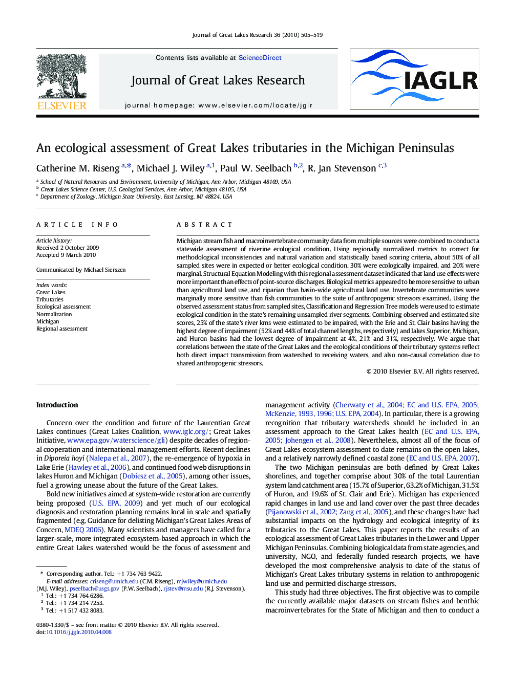 An ecological assessment of Great Lakes tributaries in the Michigan Peninsulas