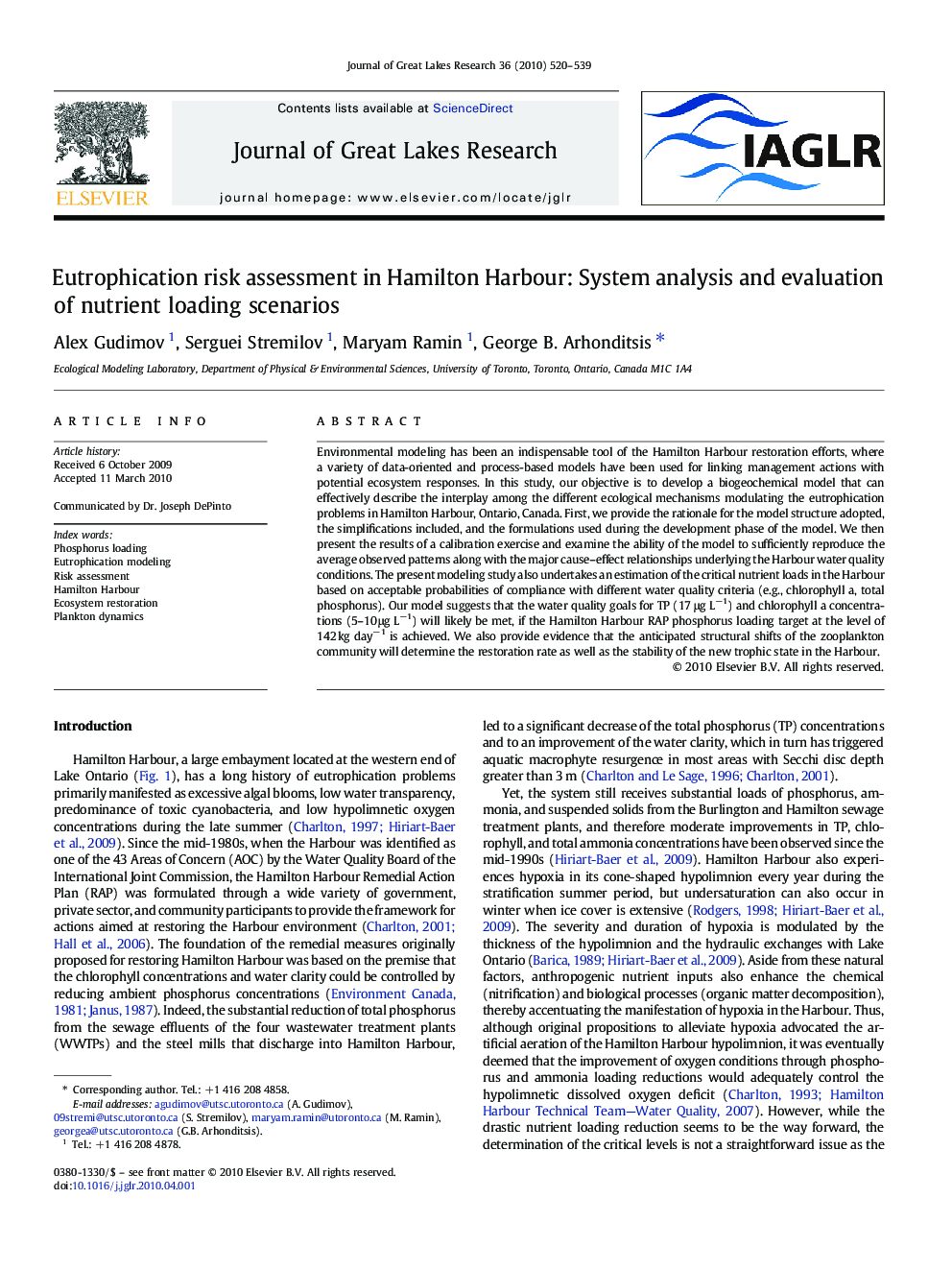 Eutrophication risk assessment in Hamilton Harbour: System analysis and evaluation of nutrient loading scenarios