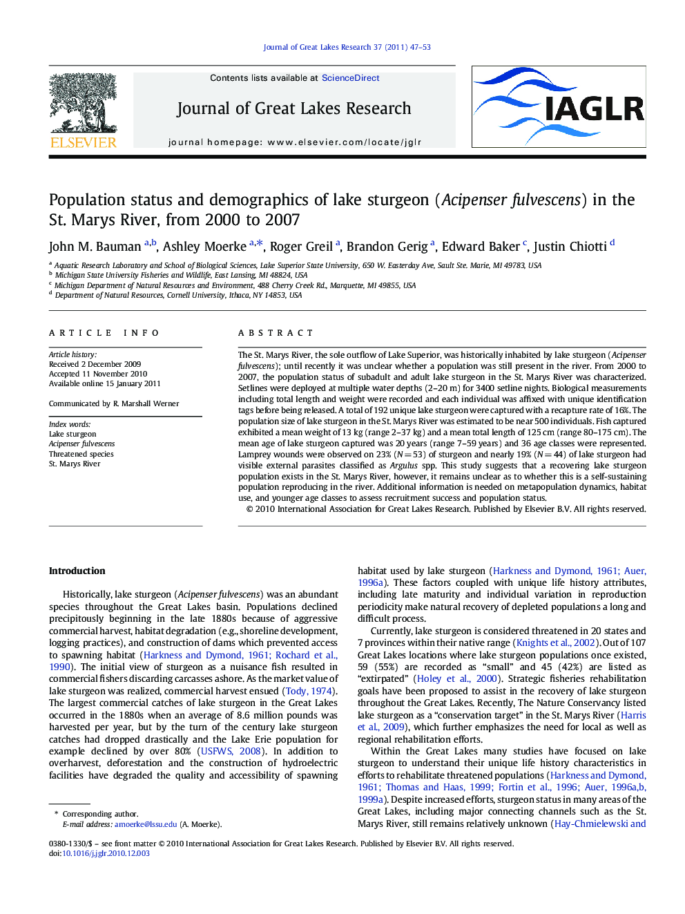 Population status and demographics of lake sturgeon (Acipenser fulvescens) in the St. Marys River, from 2000 to 2007