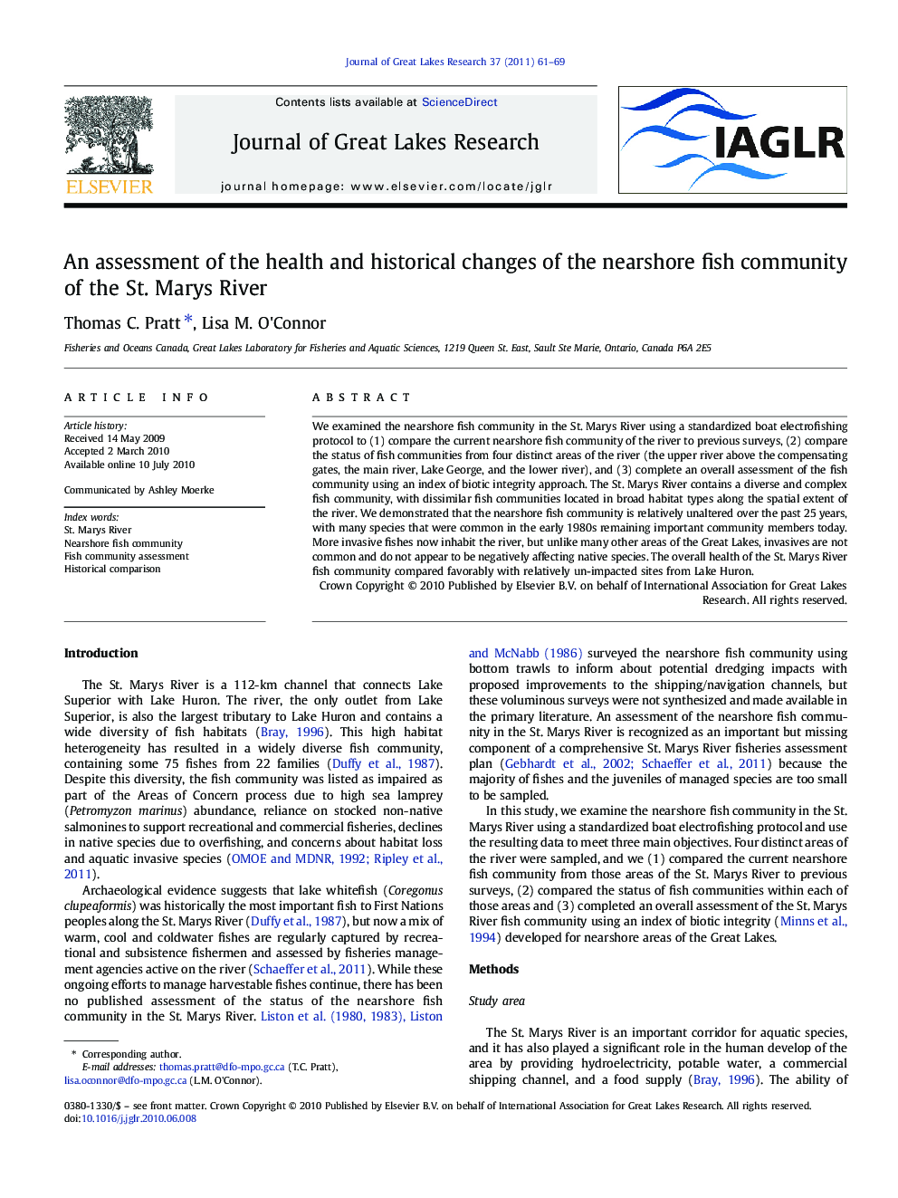 An assessment of the health and historical changes of the nearshore fish community of the St. Marys River